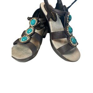 Nina Sandals Brown‎ with Green Stones, White and Gold Beads Size 5M EUR 36 1/23"